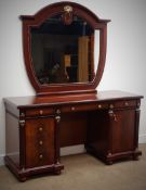 Classical style inlaid mahogany twin pedestal dressing table, with shield shaped mirror,