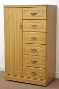 Pine laminate tallboy, single full length cupboard and six drawers on plinth base, W84cm, H140cm,