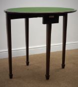 Early 20th century mahogany demi-lune card table, baise lined folding top,