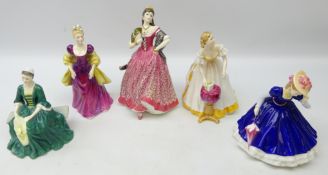 Five Royal Doulton figures of ladies, 'Happy Birthday' HN 3095, 'A Lady from Willimsburg' HN 2228,