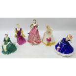 Five Royal Doulton figures of ladies, 'Happy Birthday' HN 3095, 'A Lady from Willimsburg' HN 2228,