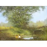 Children Fishing by a River, oil on canvas signed by Les Parsons (British 1945-),