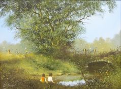 Children Fishing by a River, oil on canvas signed by Les Parsons (British 1945-),