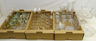 Quantity of glassware including a suite of amber stemmed etched drinking glasses,