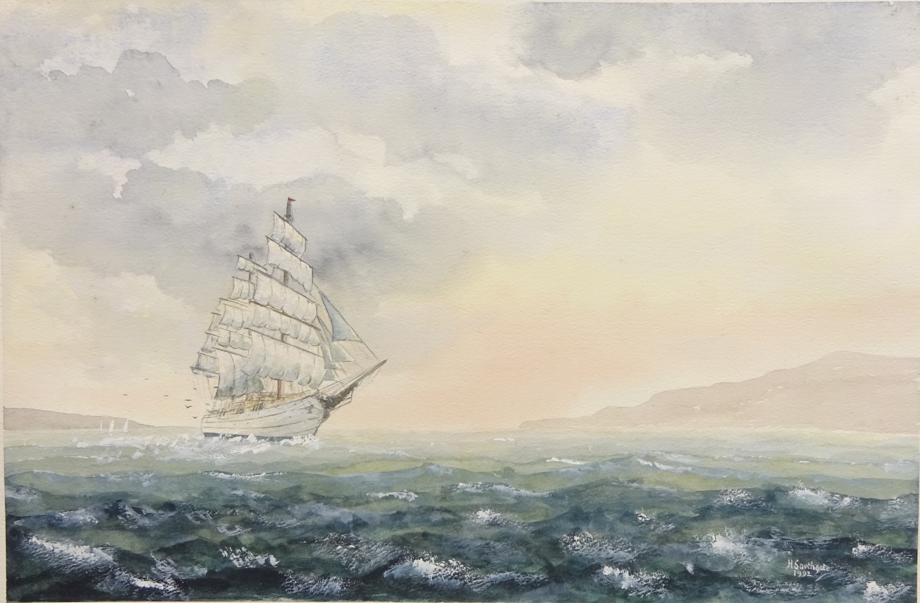 Sailing Ship off Shore, two 20th century watercolours signed and dated 1992 by H Southgate 36. - Image 3 of 3