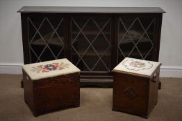 Early 20th century stained oak bookcase, three lead glazed doors, shaped apron (W135cm, H75cm,