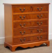 Reproduction cross banded yew wood chest of five drawers, shaped plinth base, W75cm, H76cm,