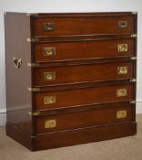 Brass bound mahogany military style secretaire chest the five long cockbeaded drawers,