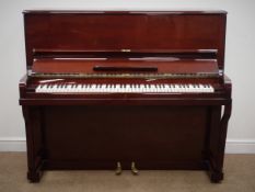 Normelle mahogany lacquered upright piano, iron framed overstrung movement, W143cm, H120cm,