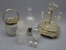 Victorian six bottle silver-plated cruet with pierced gallery and scroll handle,