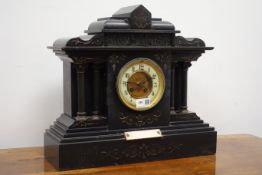 Victorian slate marble architectural cased mantel clock with circular Arabic dial,