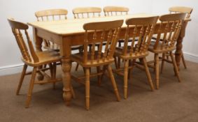 Solid pine farmhouse style dining table, on turned supports (183cm x 91cm,