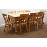 Solid pine farmhouse style dining table, on turned supports (183cm x 91cm,