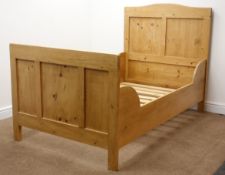 Solid panelled pine 3'6" single French bedstead, W110cm, H117cm,