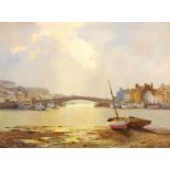 Whitby Swing Bridge at Dusk, oil on canvas signed by Don Micklethwaite (British 1936-) 44cm x 59.