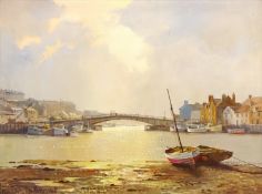 Whitby Swing Bridge at Dusk, oil on canvas signed by Don Micklethwaite (British 1936-) 44cm x 59.