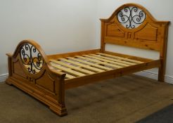 Solid Pine 4' 6" double bedstead with ironwork detail, W158cm, H130cm,