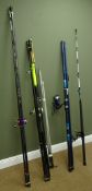 Three Beachcaster sea fishing rods, a similar Boat rod with Mitchell 600 and ABU Ambassadeur 7000,