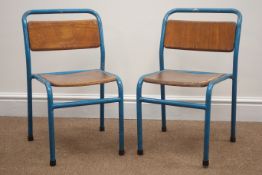 Pair of Vintage Child's school chairs, blue metal frames with laminate seats and backs, H55cm,