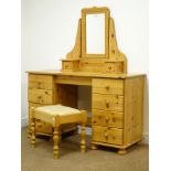 Pine kneehole dressing table, eight drawers on bun feet (W127c,.