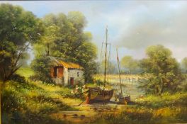 Figures and Boats Along a Rural River, oil on canvas signed by Edward (Ted) Dyer (British 1940-) 49.
