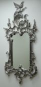 Ornate silver finish mirror with carved bird, W62cm,