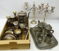 Pair silver plated three branch candelabra, 19th century spirit kettle, Old Sheffield plate,