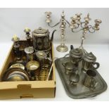 Pair silver plated three branch candelabra, 19th century spirit kettle, Old Sheffield plate,