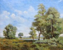 Woodland River Landscape, 20th century oil on canvas signed with initials GP and dated 1983,