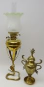 Early 20th century brass oil lamp with frosted glass shade supported by Cobra Snake cast base,