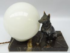 Art Deco table lamp modelled as an Alsatian with globular glass shade on a marble plinth,