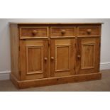 Solid pine dresser base, three drawers above three cupboards, plinth base, W123cm, H81cm,
