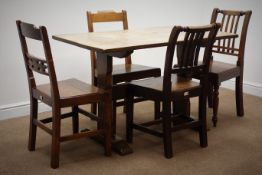 Early 20th century oak refectory style dining table, solid end supports joined by single stretcher,