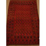 Old Ghalmori Kelim red ground rug, geometric pattern field, repeating border,