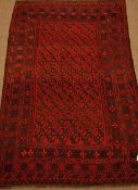 Old Ghalmori Kelim red ground rug, geometric pattern field, repeating border,