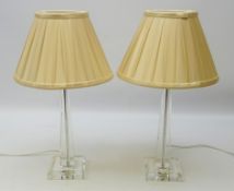 Pair pyramid glass table lamps with champagne silk shades,