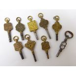 Collection of nine 'Advertising' watch keys including a Geo.lll ratchet key, H.