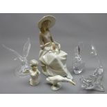 Large Lladro figure of a seated girl with dog, H33cm, goose and angel,