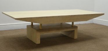 Travertine rectangular coffee table, brass style supports on bridged feet, 70cm x 140cm,