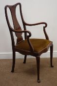 Edwardian mahogany armchair, with shell carved cresting rail,