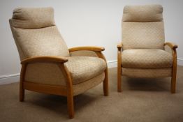 Pair light elm framed easy chairs, upholstered back and seat, square supports,
