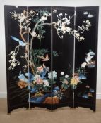 Japanese lacquered four fold screen, decorated with exotic birds in a river landscape, W161cm,