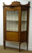 Edwardian inlaid mahogany display cabinet, raised back, shaped front, lead glazing,