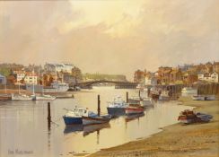 'Yacht Mooring Whitby', oil on canvas signed by Don Micklethwaite, (British 1936-),