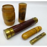 Mauchline ware needle case 'Melrose Abbey' & matching barrel,