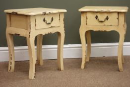 Pair small French style distressed painted wood stands with drawer, W35cm,