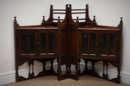 Pair Edwardian walnut corner stands, with two bevel glazed doors on solid supports (W60cm, H84cm,
