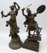 19th century Continental Warrior figure holding a shield and sword on ebonised plinth,