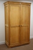 Solid light oak double wardrobe, two panelled doors enclosing fitted interior, W118cm, H200cm,