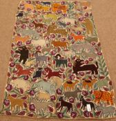 Kashmiri wool chain hand stitched beige ground rug, depicting various animals,